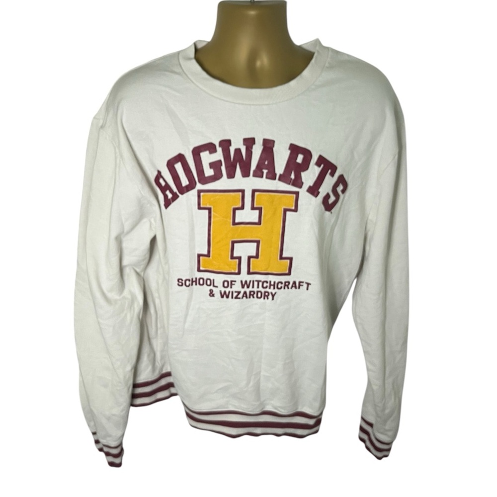Harry Potter Hogwarts Sweatshirt Varsity Stripe Graphic Pullover White Unisex XL